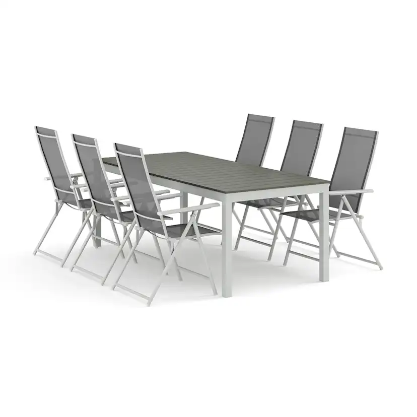 Trädgårdsgrupp Comfort Garden Tunis utomhus matgrupp förlängningsbart 205/305x90 cm med 6 Sanna positionsstolar