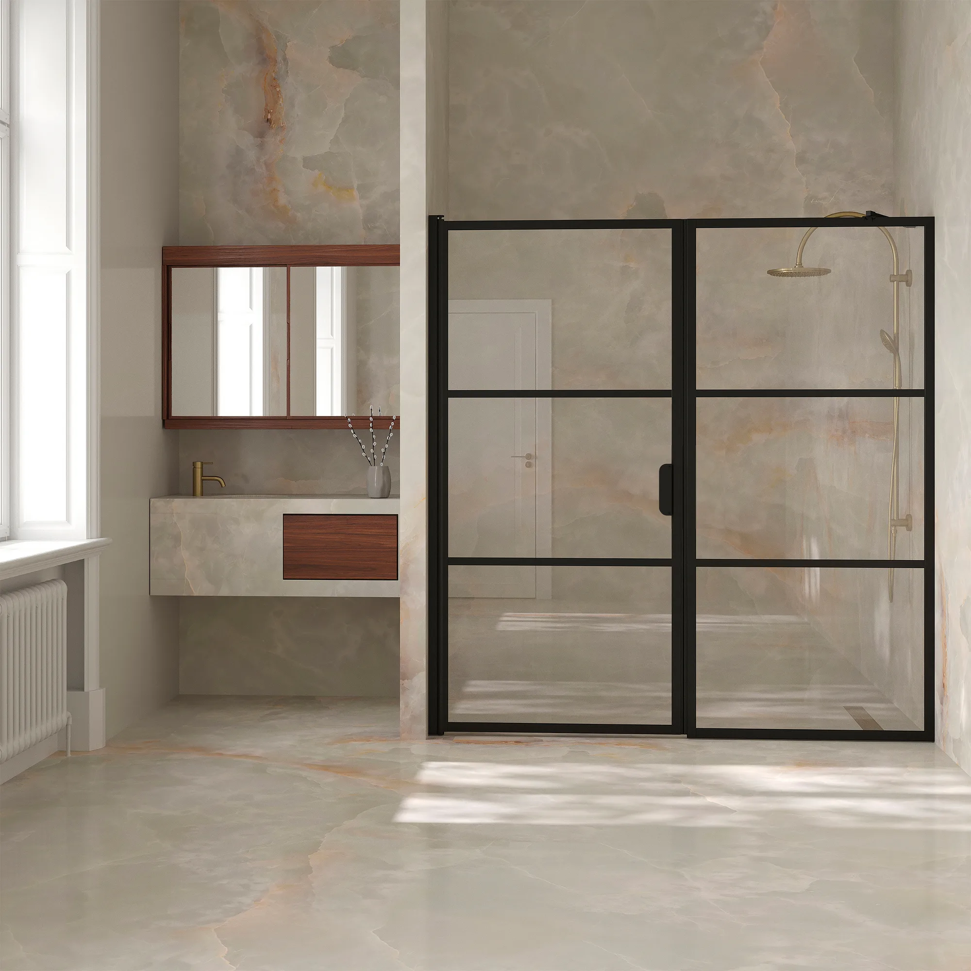 Duschdörr Hietakari Bläk 745 Tokyo Nisch Fast Vägg och Vändbar Dörr