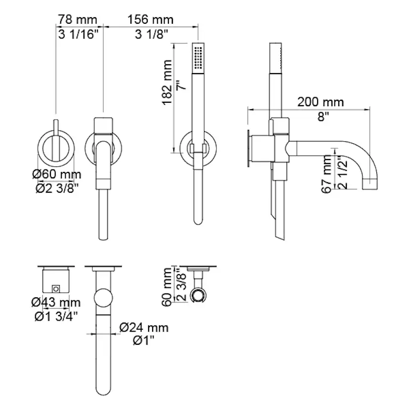 Dusch- och Badkarsblandare Vola 2141DT8 för Inbyggnad