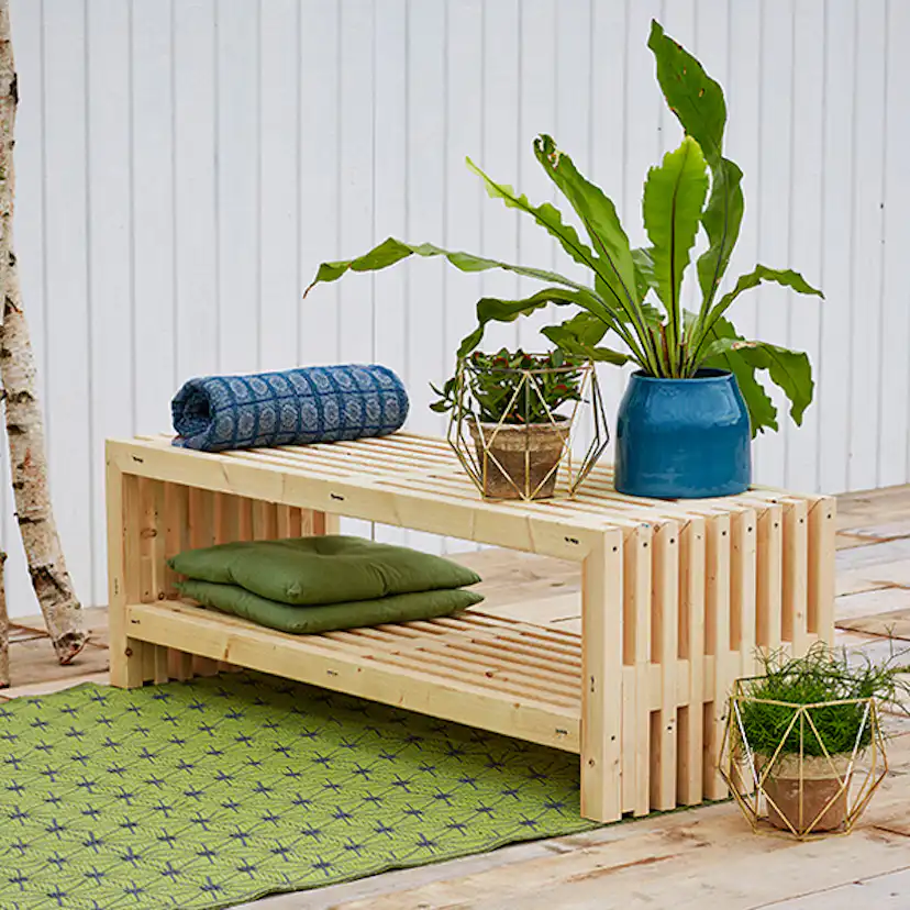 Trädgårdsbänk PLUS Rustik Design med Hylla 2180 mm