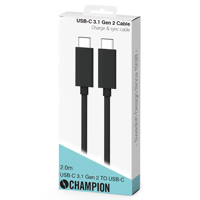 USB-C Champion Kabel 2m 100W Svart