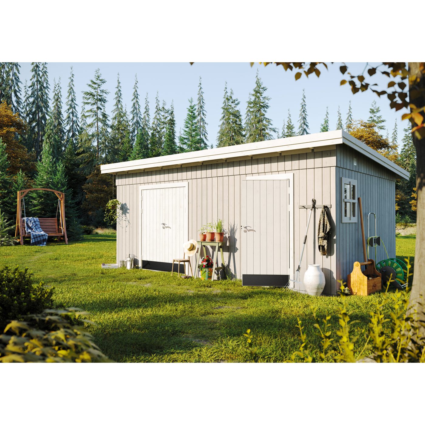 Förråd Palmako Kalle 16,9 m² Redskapsbod i Trä med Pulpettak & Dubbla Dörrar
