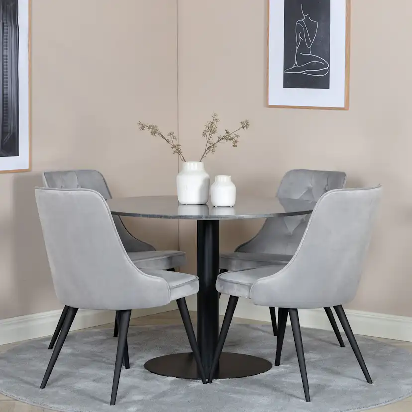 Matgrupp Venture Home Estelle Ø106 med 4 Velvet Deluxe stolar