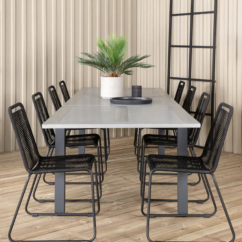 Matgrupp Utomhus Venture Home Aleyna 224 med 8 Leon Stapelbara Trädgårdsstolar