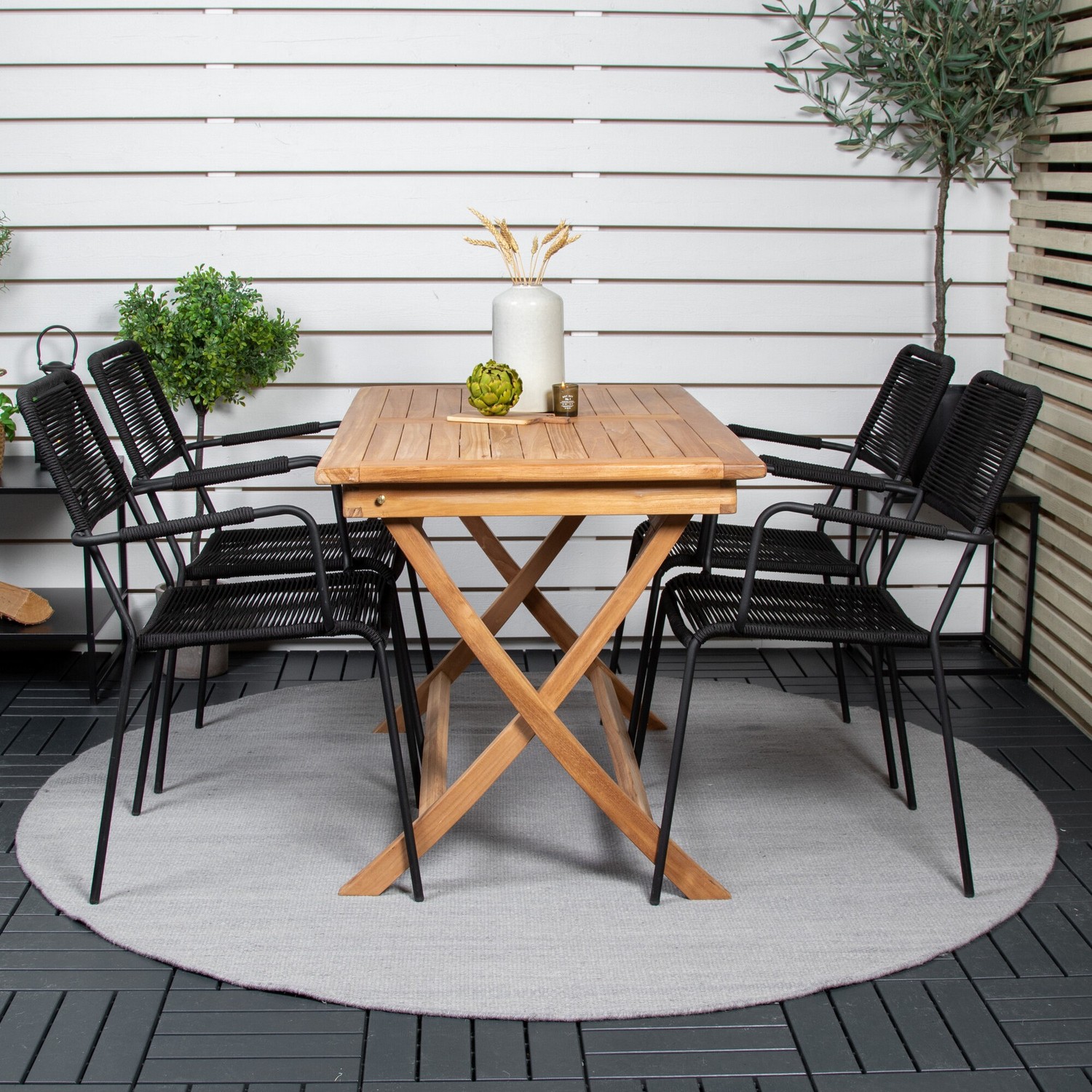 Matgrupp Utomhus Venture Home Kenya 120x70 Teak med 4 Lindos KarmTrädgårdsstolar