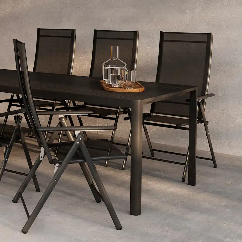 Trädgårdsmatgrupp Venture Home Giardini Rektangulärt Matbord 200x90x72 Svart med 6 st Levanzo Trädgårdsstolar Svart