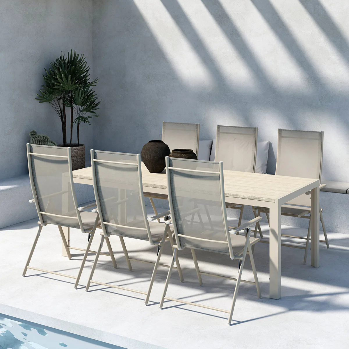 Trädgårdsmatgrupp Venture Home Mirko Matbord Beige med 6 st Levanzo Trädgårdsstolar Beige