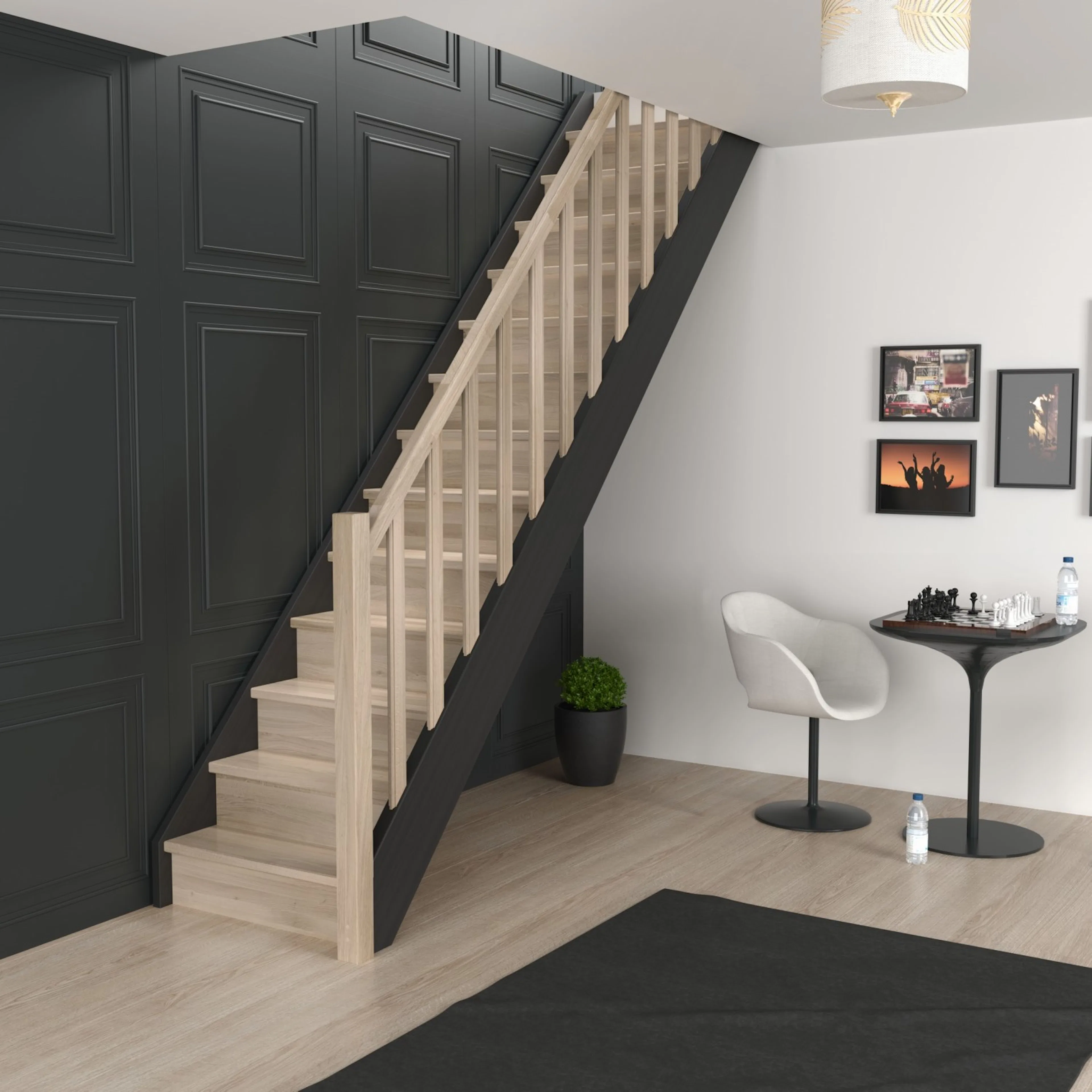 Spartrappa Dolle Helsinki Svart/Ek Rak Räcke med Träbalustrar och Sättsteg