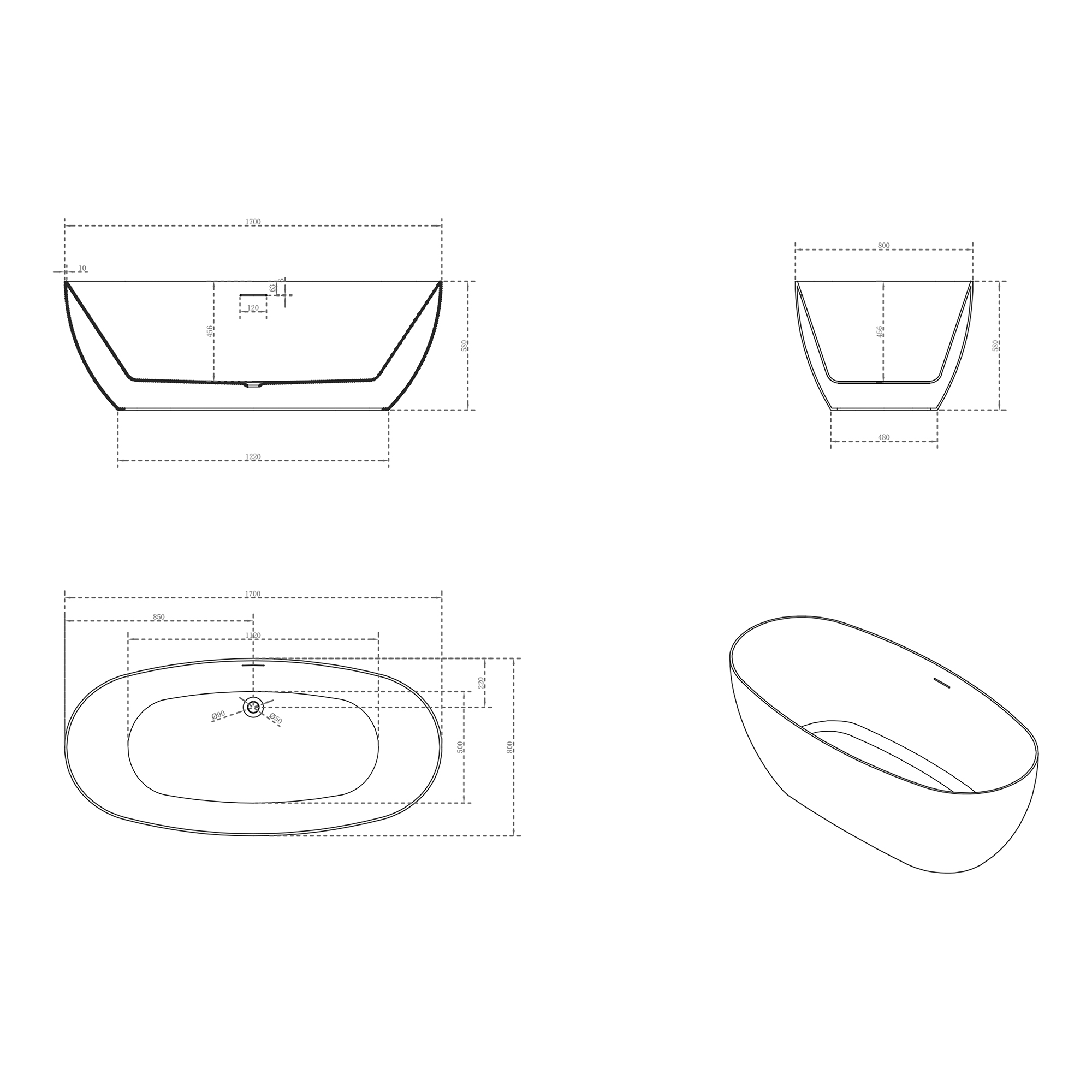 Badkar NOURK Hope Fristående 1700 mm