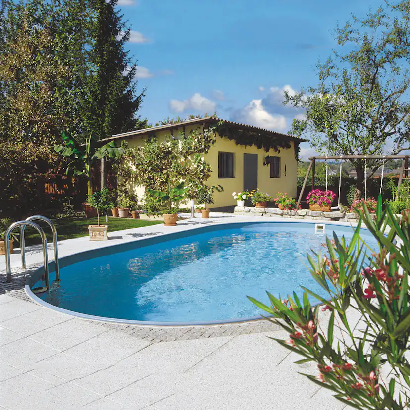 Stålväggspool Planet Pool Premium Inbyggd Oval 8x4,2 m inkl SF8 Stege och Tillbehör