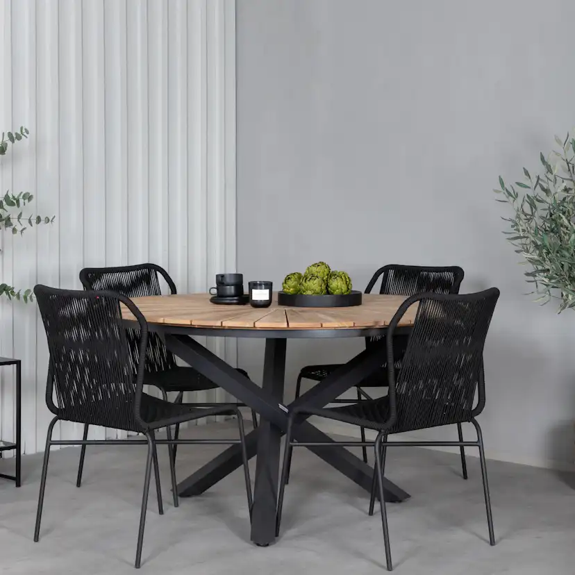 Matgrupp Utomhus Venture Home Meya med 4 Jefferson Stapelbara Trädgårdsstolar