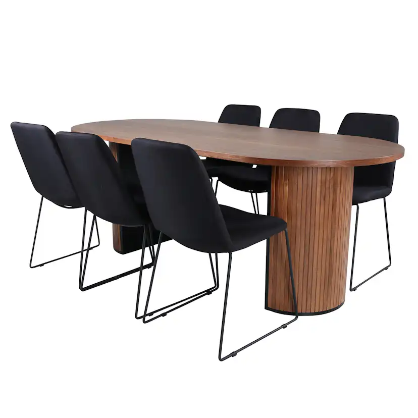 Matgrupp Venture Home Bianca Ovalt Matbord i Valnöt 200 cm & 6 Muscot Stolar i Polyester