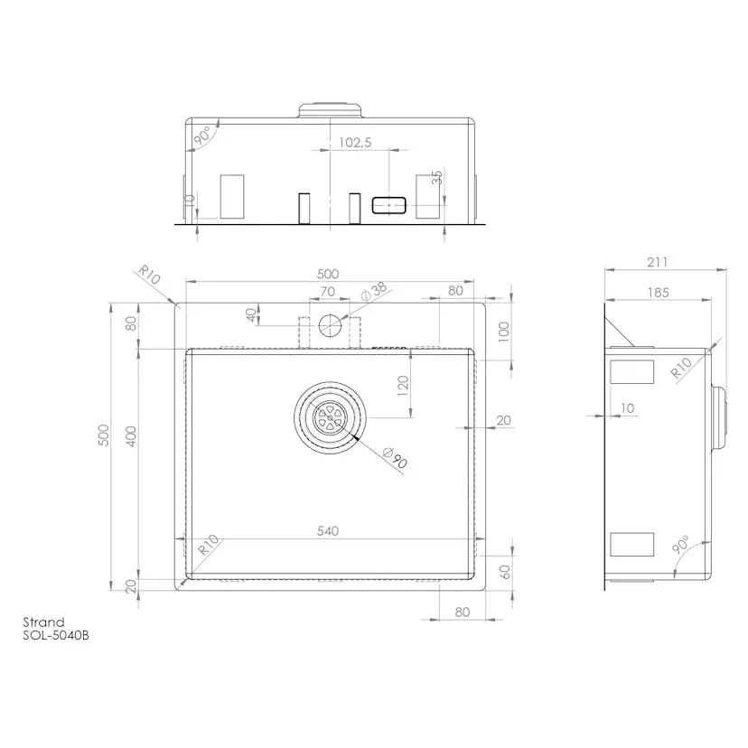 Enkelvask Strand Stainless SOLID med clips och blandarplats