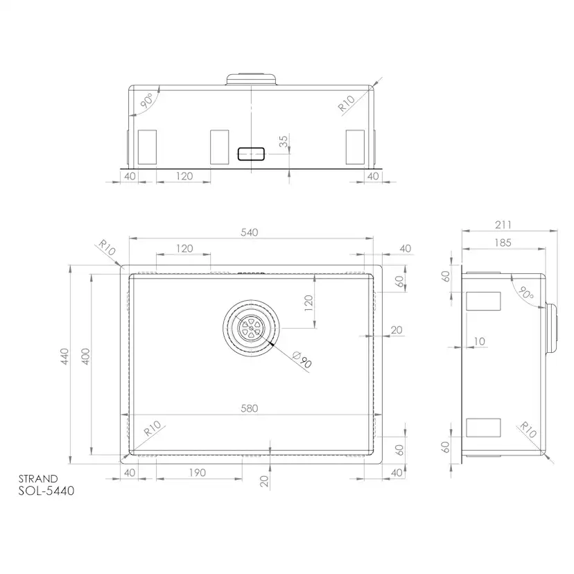 Enkelvask Strand Stainless SOLID med clips