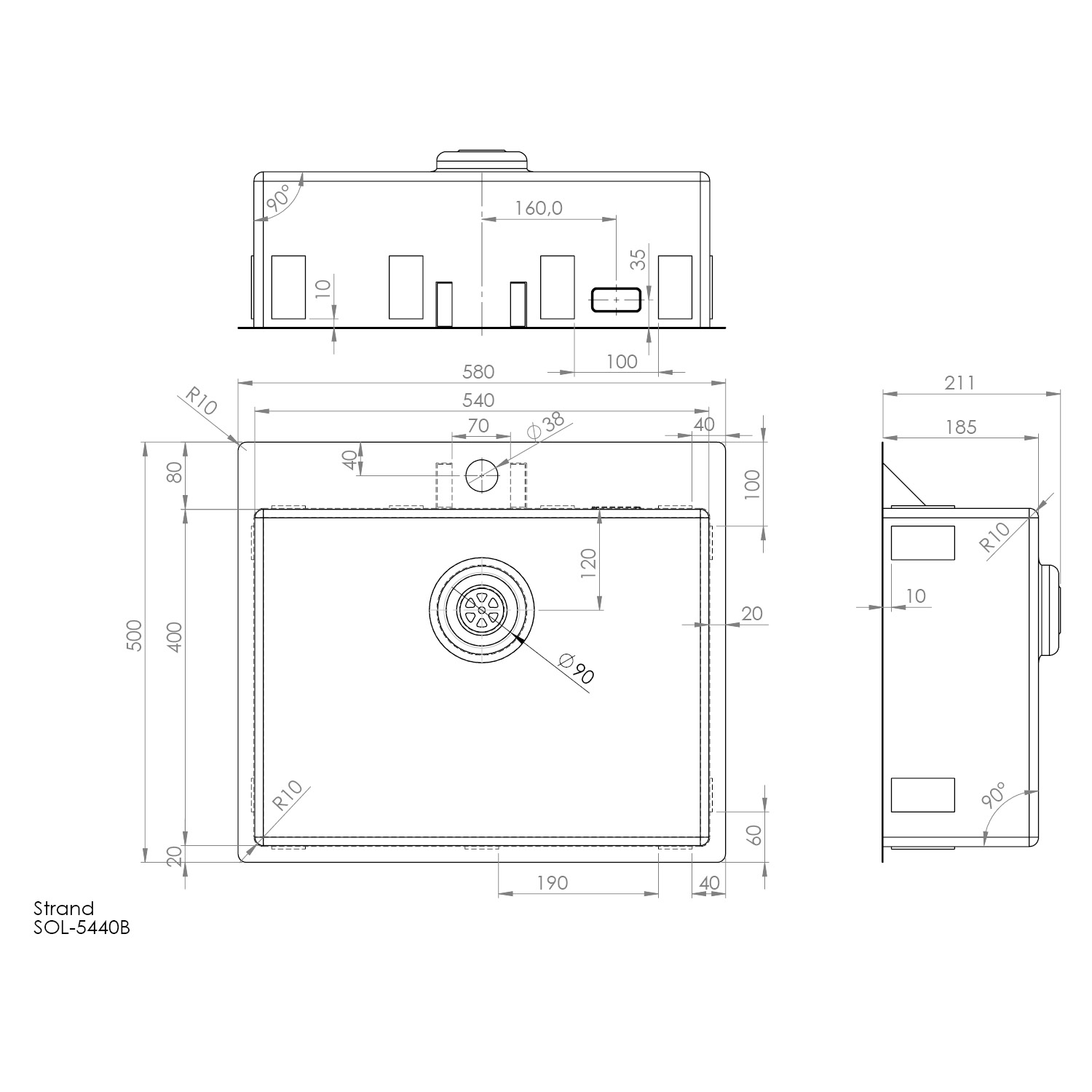 Enkelvask Strand Stainless SOLID med clips och blandarplats