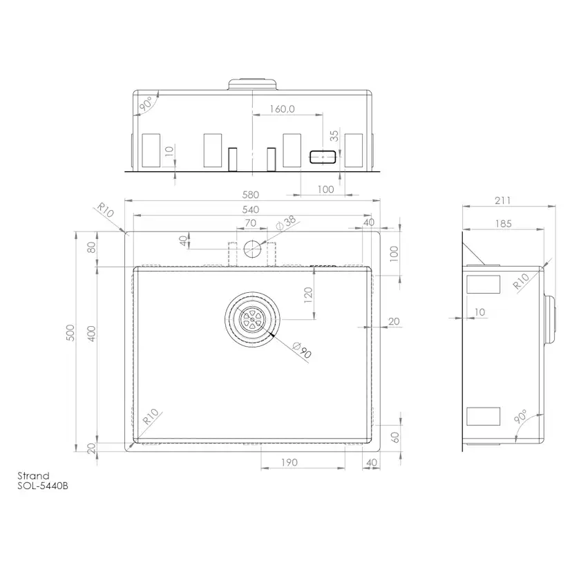 Enkelvask Strand Stainless SOLID med clips och blandarplats