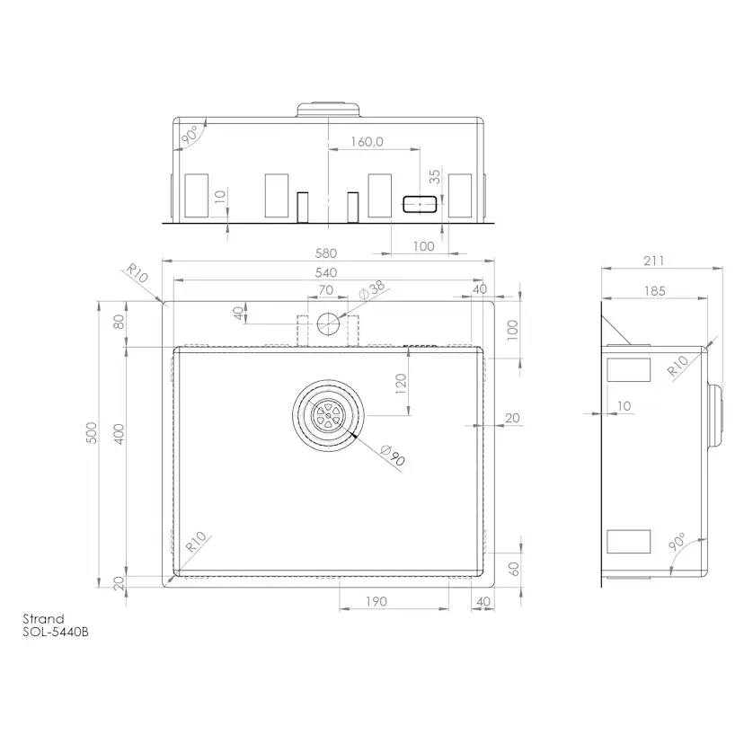 Enkelvask Strand Stainless SOLID med clips och blandarplats PVD Gold