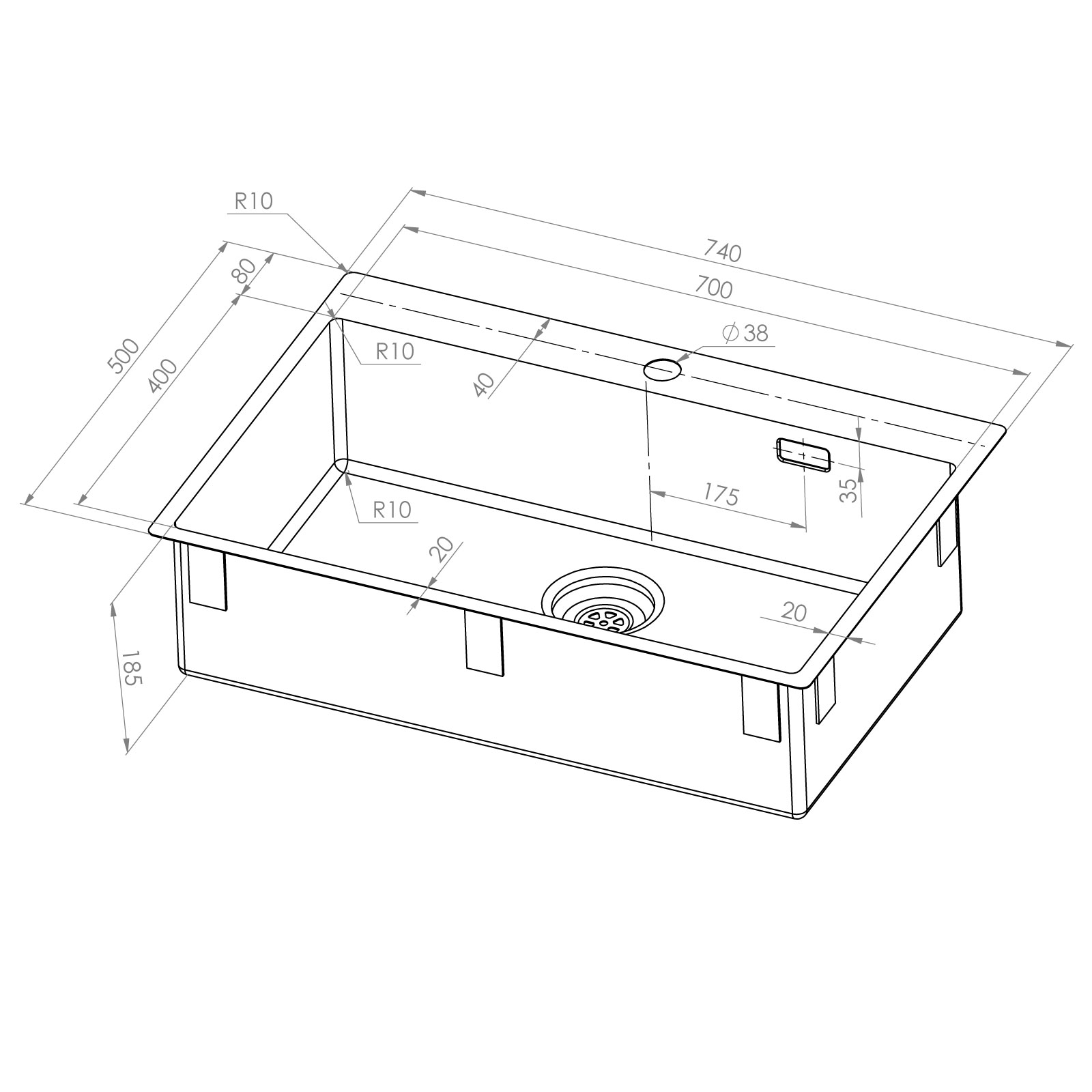 Enkelvask Strand Stainless SOLID med clips och blandarplats