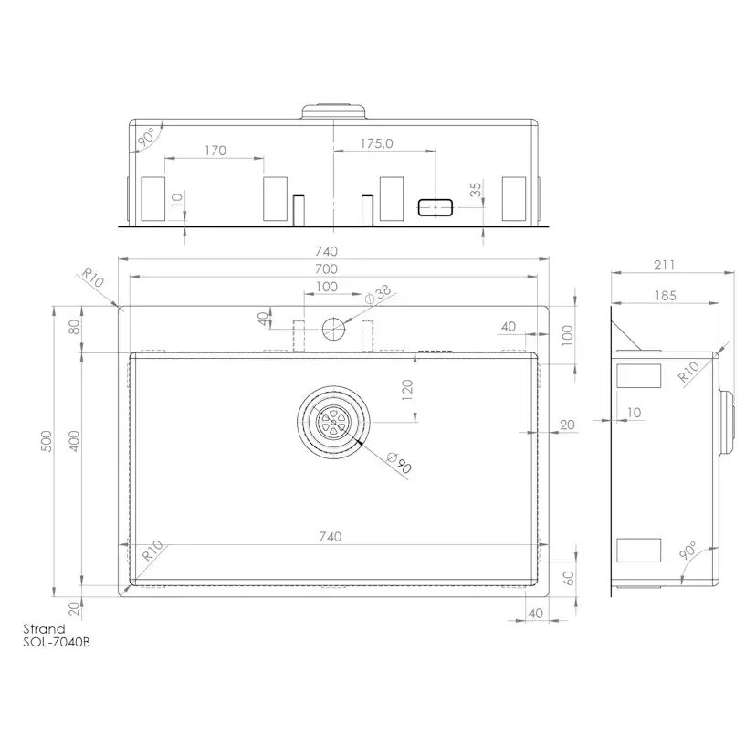 Enkelvask Strand Stainless SOLID med clips och blandarplats PVD Gold