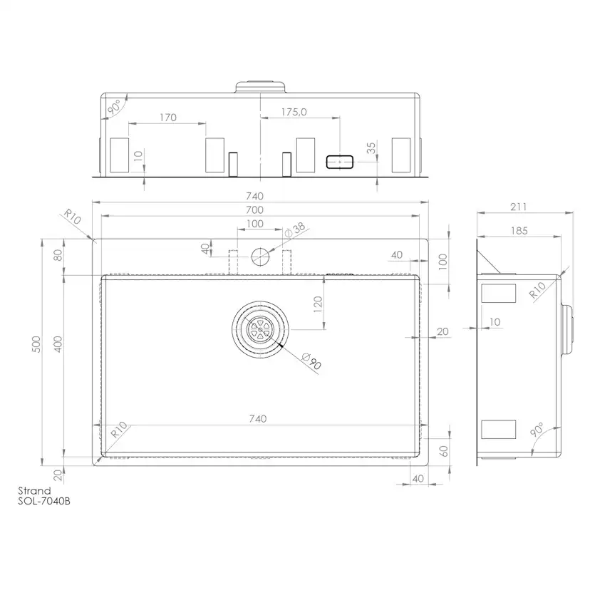 Enkelvask Strand Stainless SOLID med clips och blandarplats