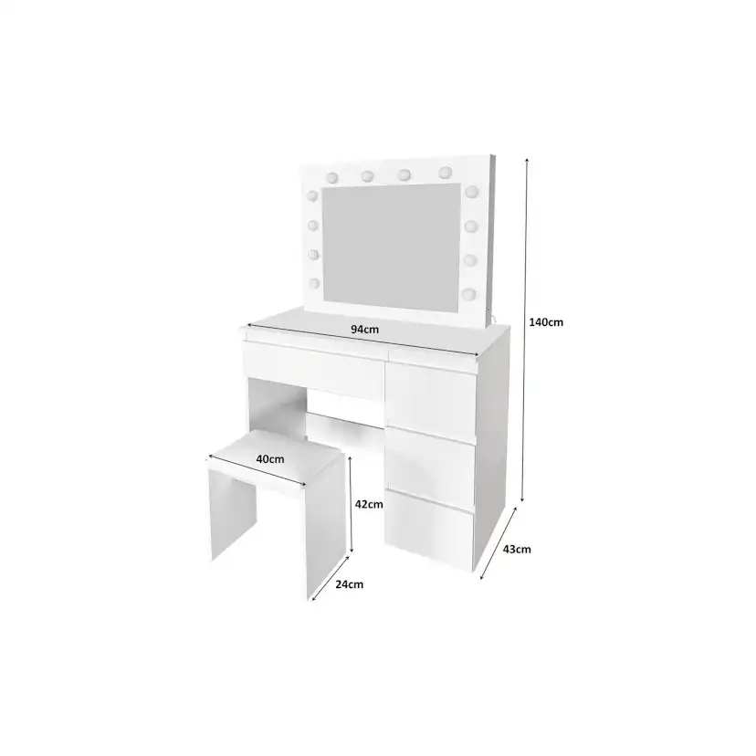 Sminkbord Scandinavian Choice Glow Komplett set med Spegel och Pall, LED-Belysning 94 cm