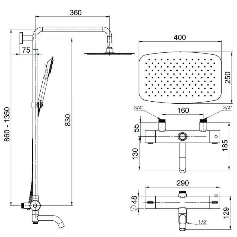 Takduschset Strand Stainless Titan TI-511WXL 160 cc med Badkarspip
