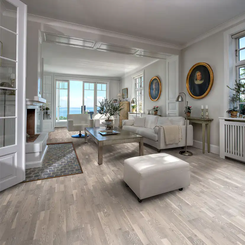 Parkettgolv Kährs Limestone Vit Mattlackad Borstad Ek 3-stav