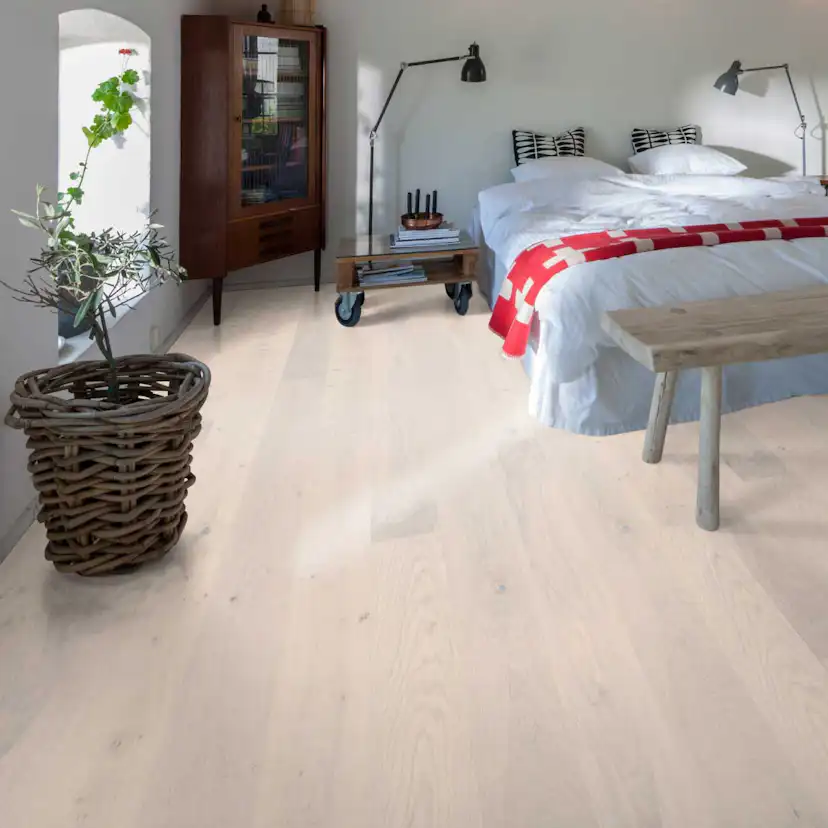 Trägolv Kährs Original Sky Vit Ek, Ultramattlackat 1-Stav Borstat Parkettgolv