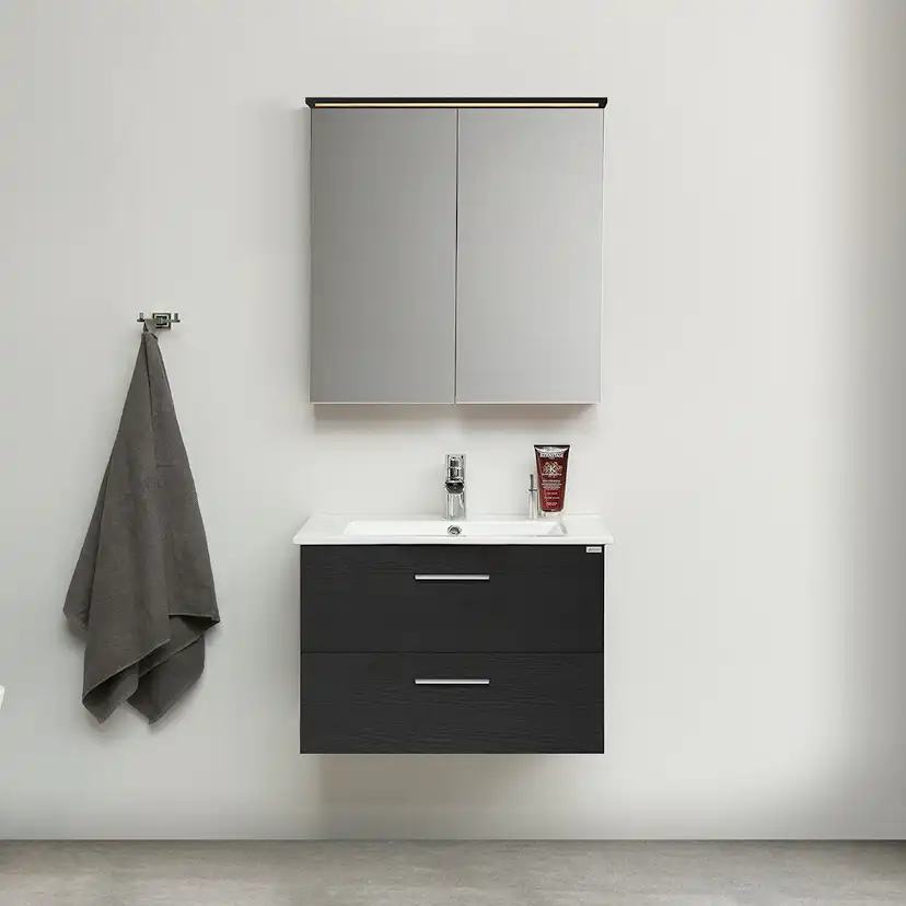 Möbelpaket 4AQUA Slim Svart Ek 80 med Lådor och Spegelskåp