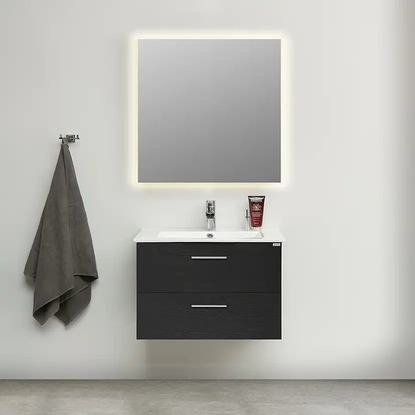 Möbelpaket 4AQUA Slim Svart Ek 80 med Lådor och Spegel Luna LED