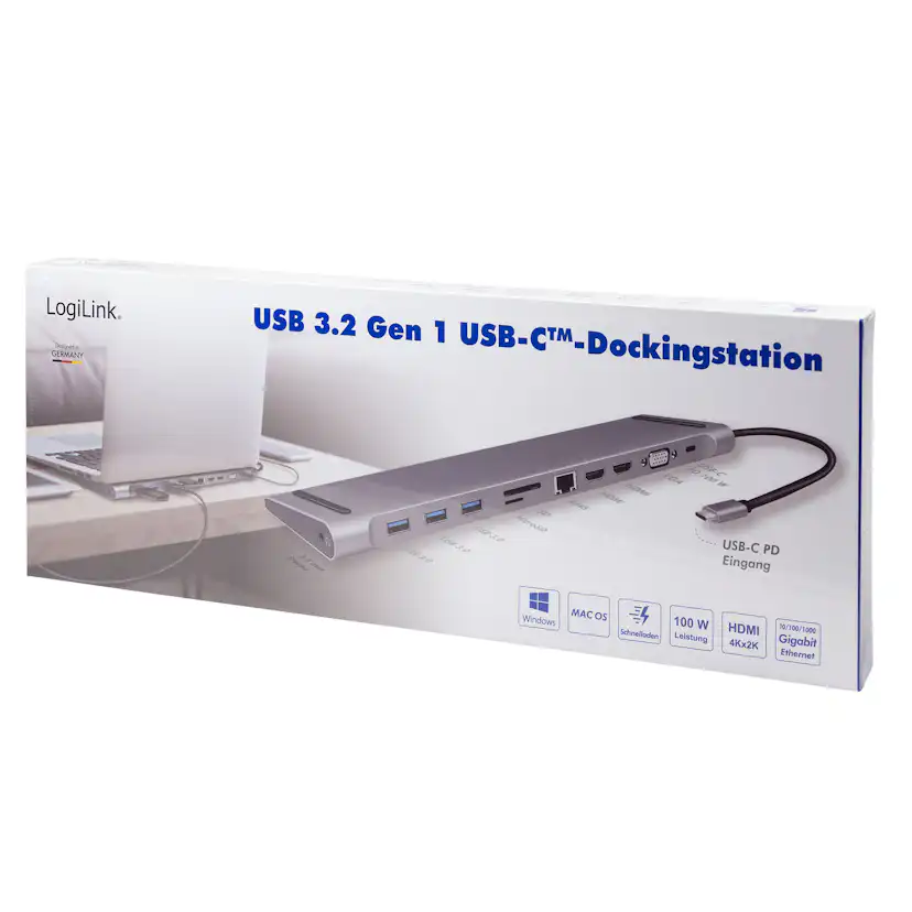 USB-C-docka LogiLink 11-i-1 HDMI/VGA/RJ45/USB-C 100W
