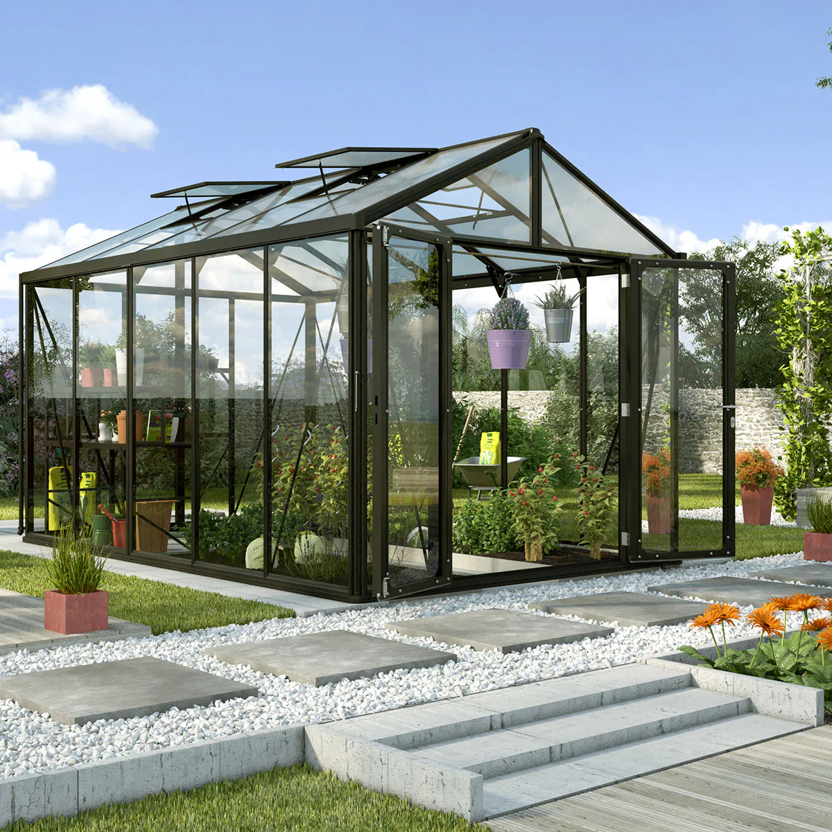 Växthus Vitavia Poseidon Aluminiumstomme med UV-Skyddat Polykarbonat & Härdat Glas, 10 m²
