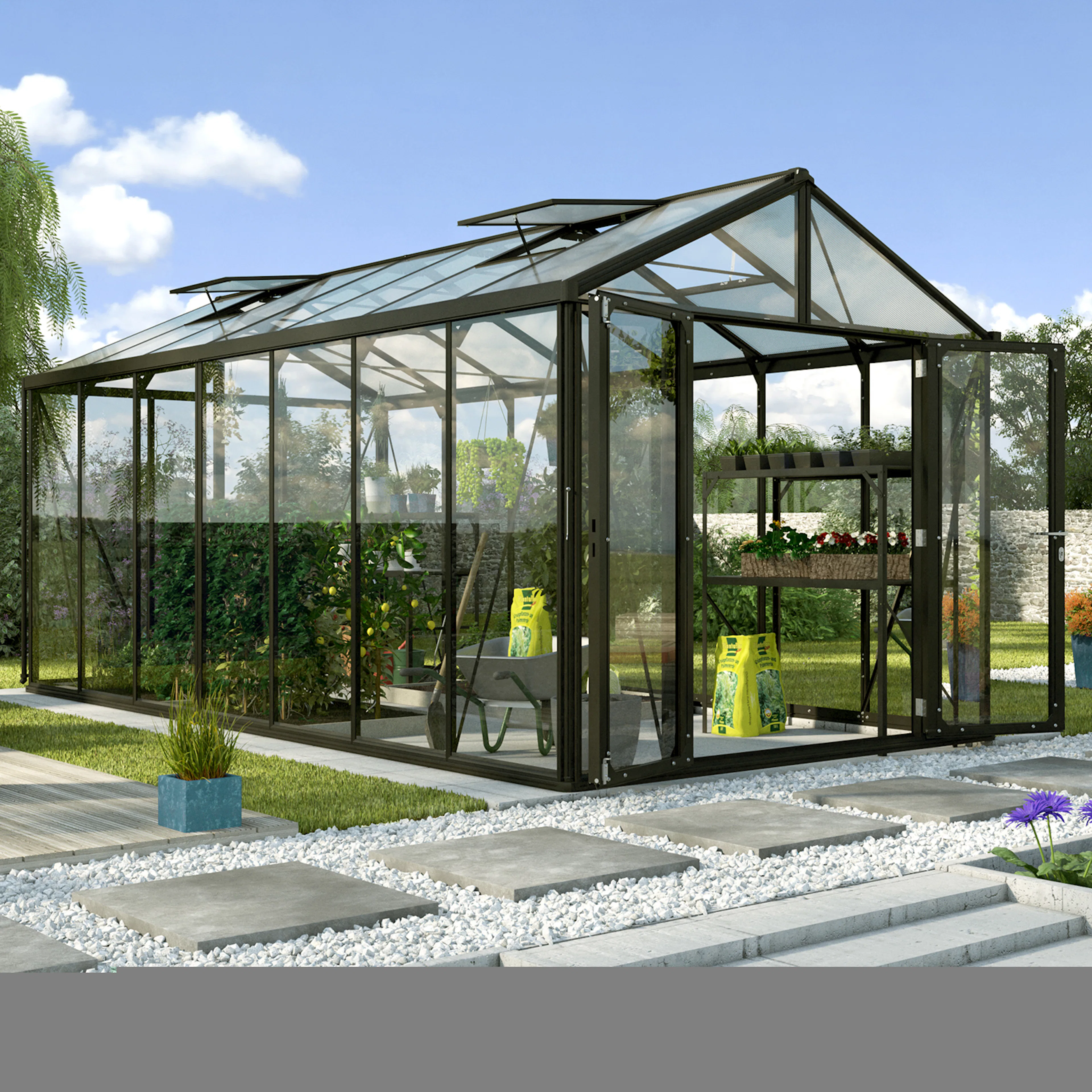Växthus Vitavia Poseidon Aluminiumstomme med UV-Skyddat Polykarbonat & Härdat Glas, 13,8 m²